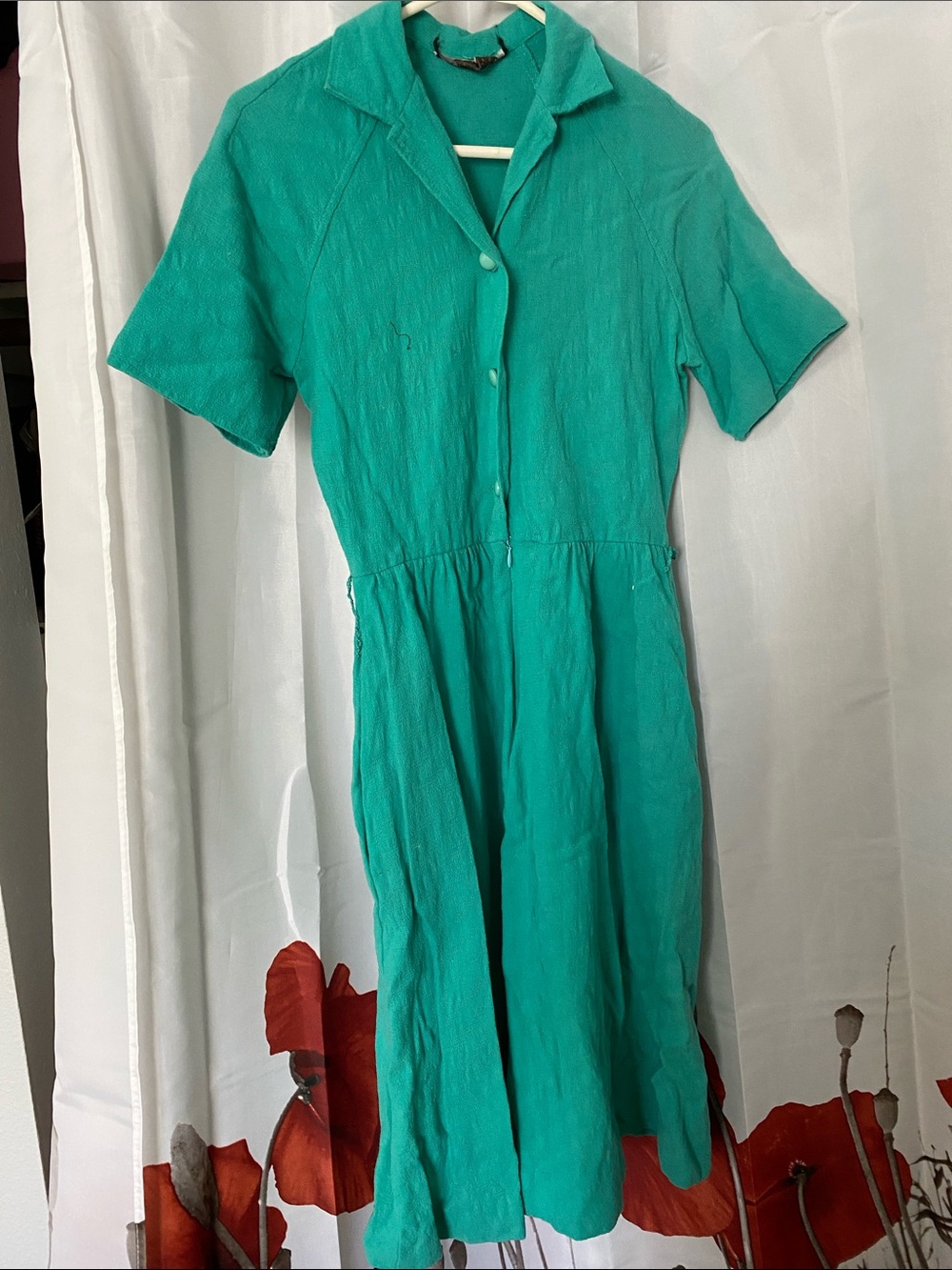 Vintage Jaegar 1980’s Button-Front Teal Midi Dress with Short Sleeves